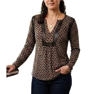 Daniel Rainn Owl Print‎ V-Neck Crochet Lace Trim Long Sleeve Rayon Top Small